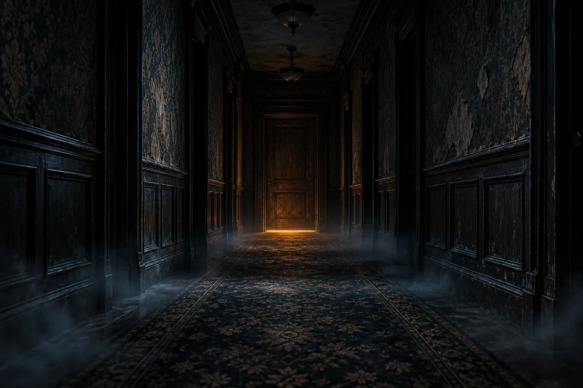 A deserted hotel corridor with a thin amber light beneath a closed door.