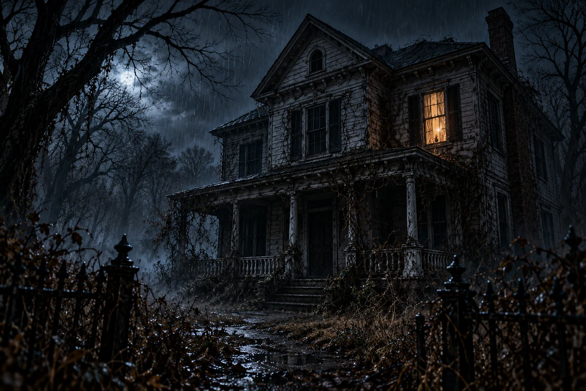 An abandoned house in the rain with one upstairs window still lit.
