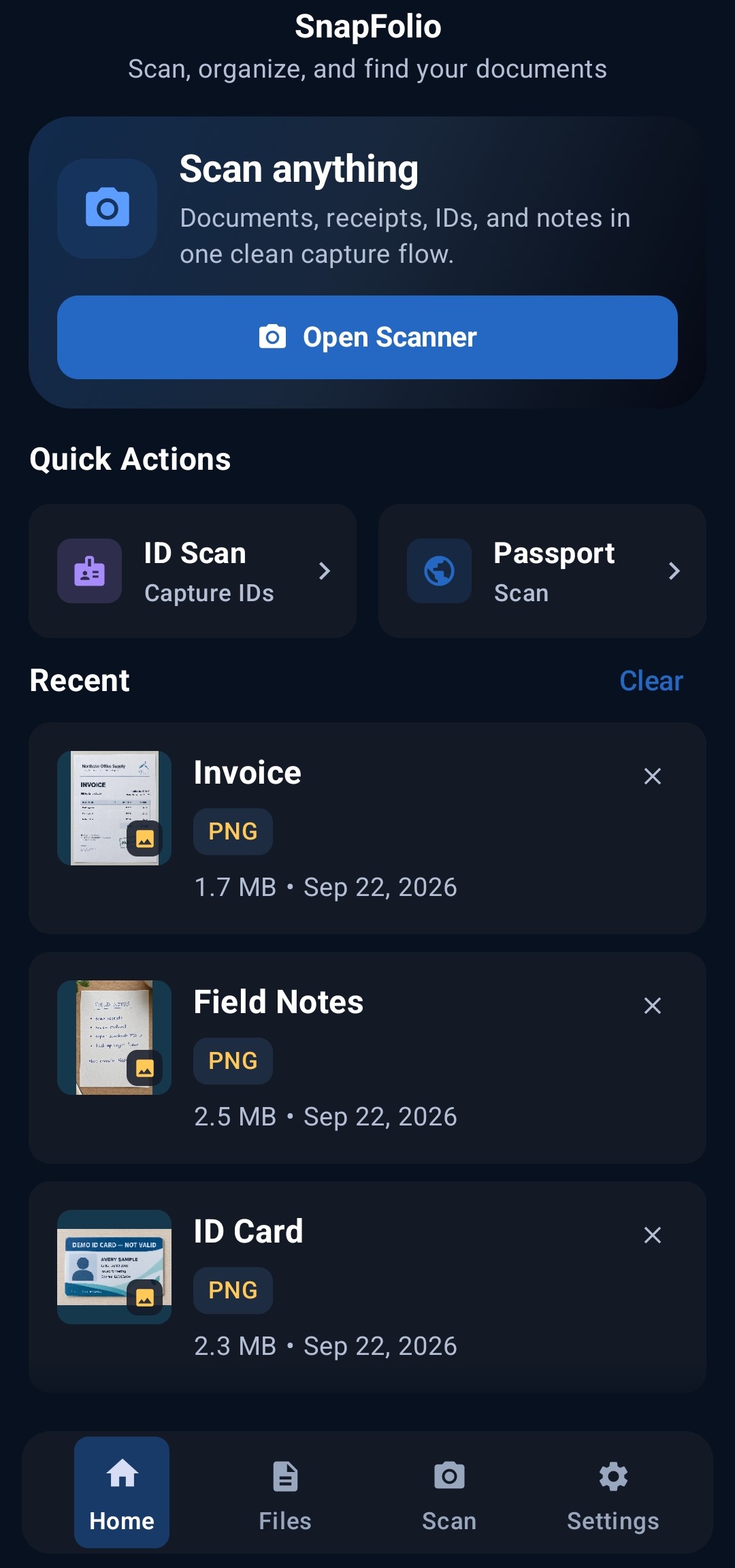 SnapFolio home screen with scan actions and recent documents